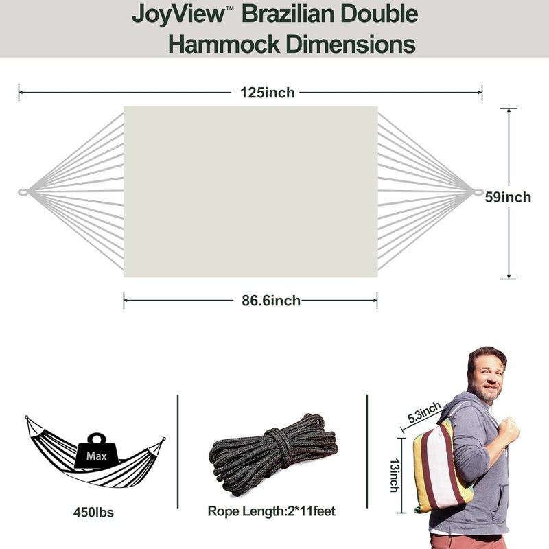 JoyView Brazilian Double Hammock with Hanging Ropes Extra Large 86.6x59” Portable Cotton Hammock for Patio Backyard Porch 450LBS Weight Capacity Perfect for Outdoor/Indoor - Natural White - Image 2